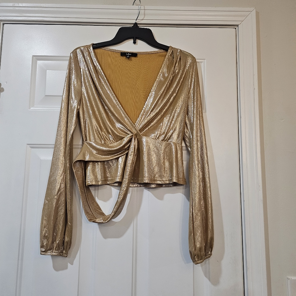 Lulus Shinning Beauty Metallic Gold Top Size Medium Long Sleeves Disco 70s Vibe - Picture 3 of 11